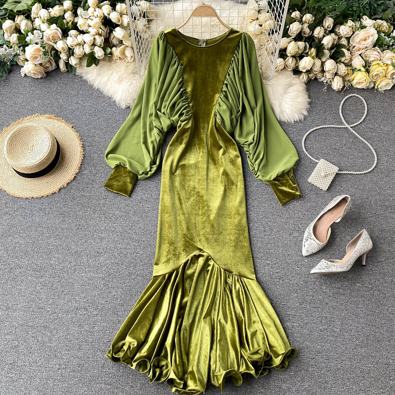 

2021 New Female trumpet ruched singing dressed the puff neck up in an elegant autumn party sheath solid long dress 4EMH, Red rose