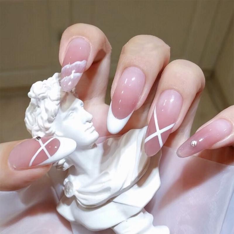 

New 24pcs Detachable French Long Oval Head False Nails Wearable press on Fake Nails Full Cover Ballerina Nail Tips With Glue