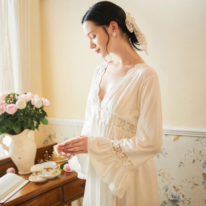 

Bride Wedding Lace Patchwork Cotton Lady Robe Sets Sexy Flower Trim Sleepwear Flared Sleeves Bathrobe Summer Autumn Nightwear, White