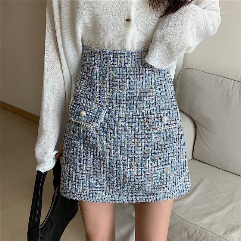 

2020 autumn and winter new single-breasted beading A-line skirt bag hip short skirts female1, Pink skirt
