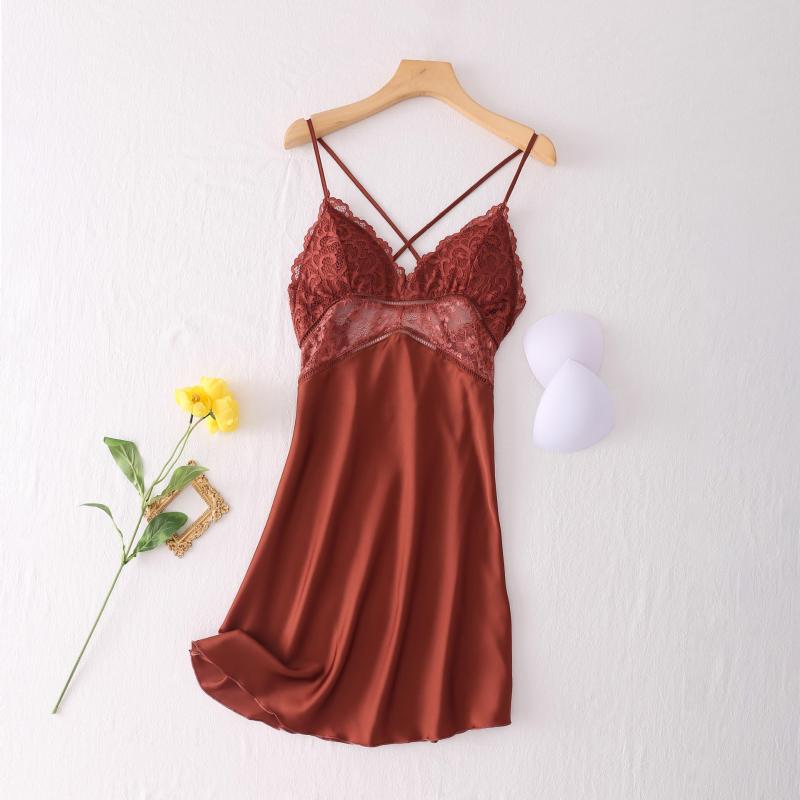 

Nightgown Sexy Mini Lady Home Dressing Gown Satin Nightdress Intimate Lingerie Lace Patchwork Homewear Slim Women Nightwear, Black