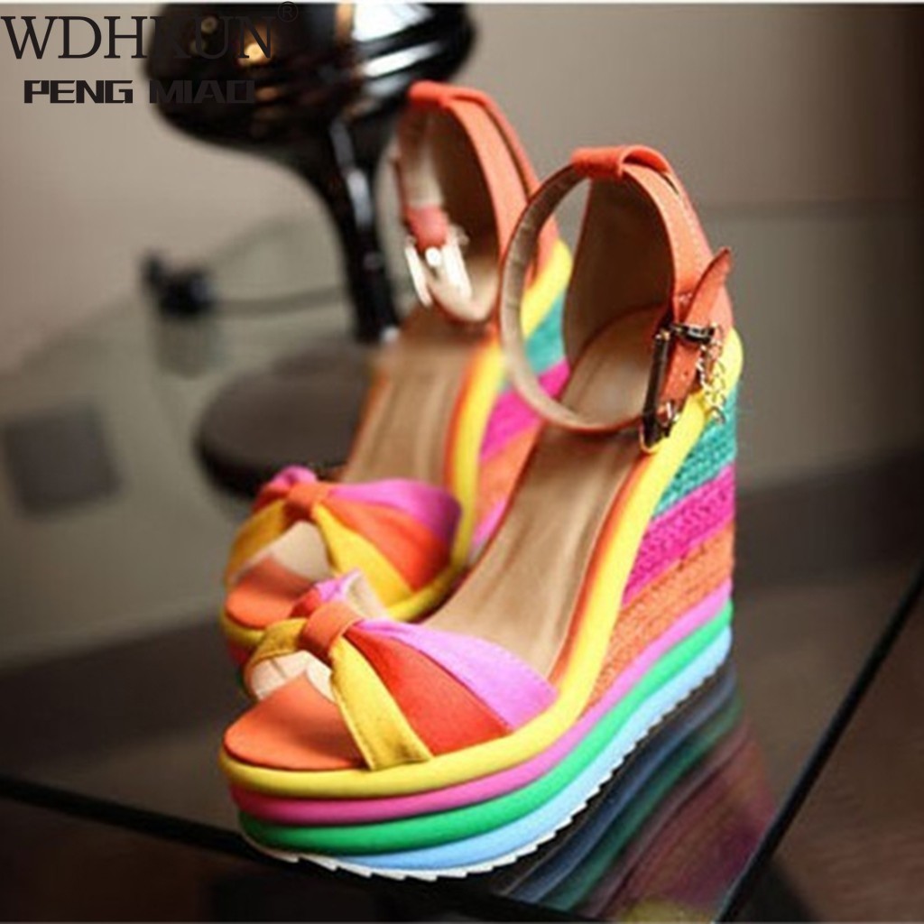 

WDHKUN Summer Sandals Women Women's Ladies Wedges High Multicolor Patchwork Sandals Peep Toe Roman Shoes Sandals High Heels C0202, Blue