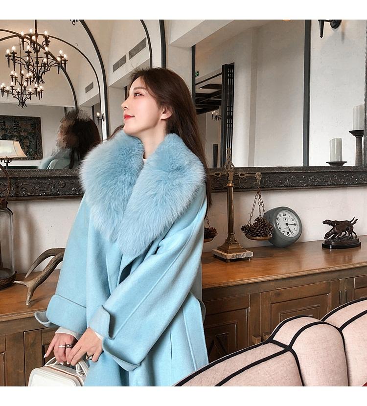 

Soft Woolen Tie Belt Coat women's Mid-length Double-breasted Wool Autumn And Winter Wool Double-sided Woolen Loose Wolen Coat, Sky blue