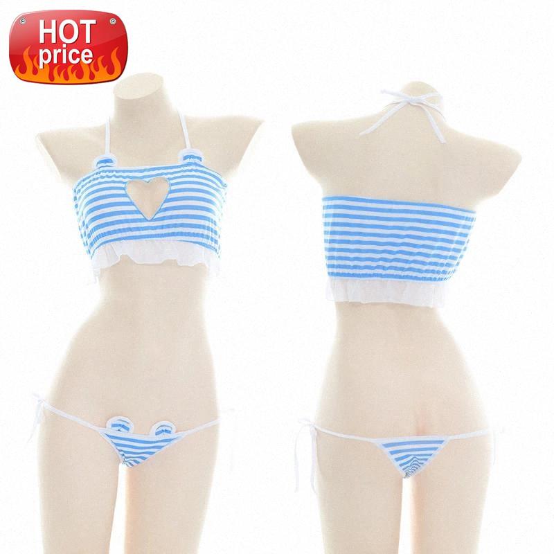 

Kawaii Lingerie Ddlg Erotic Cosplay Blue Striped Sleepwear Sexy Schoolgirl Student Uniform Micro Bikini Top Panties Maids Outfit #eT6C, Black;white