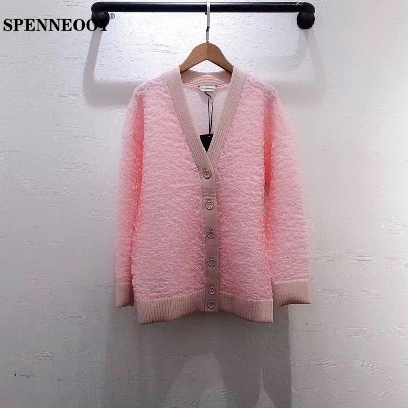 

SPENNEOOY Designer Custom Runway Fashion Female Summer Pink Knitting Cardigans Women Sexy V Neck Ruched Streetwear Sweater