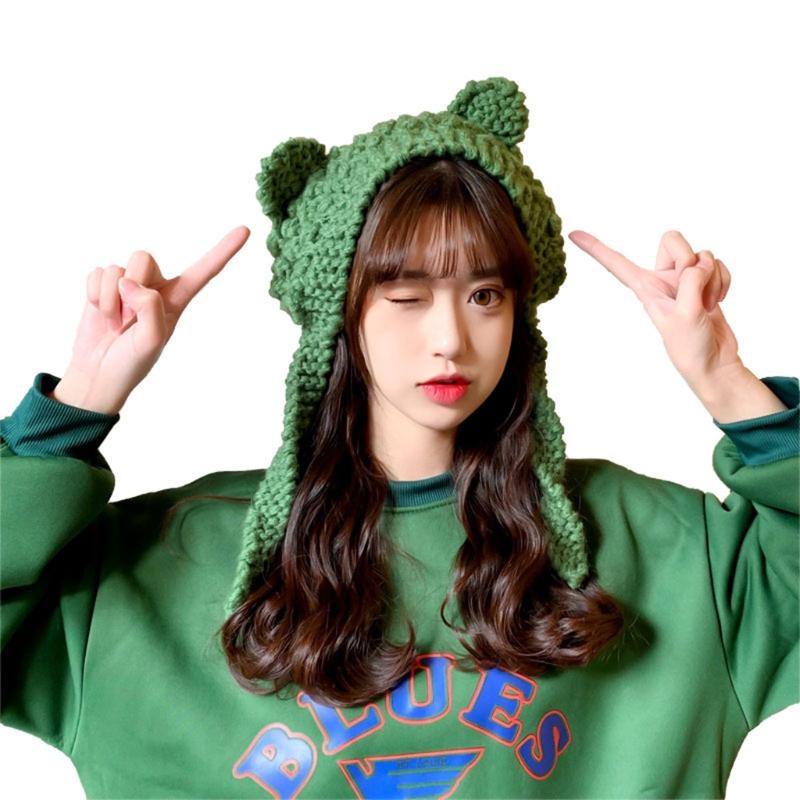 

Korean Women Autumn Cute Cat Ears Knitted Skullies Beanie Hat Bright Solid Color Chunky Crochet Harajuku Outdoor Windproof Earfl, Black