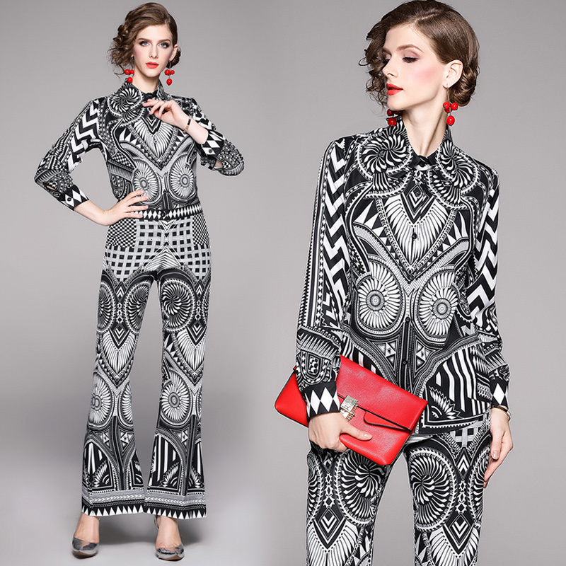 

2021 New Fashion Designer Suit Spring Summer Women Black Flower Blouse Shirt Tops + Flare Bell-bottoms Long Pants Two-piece Set Lnkq