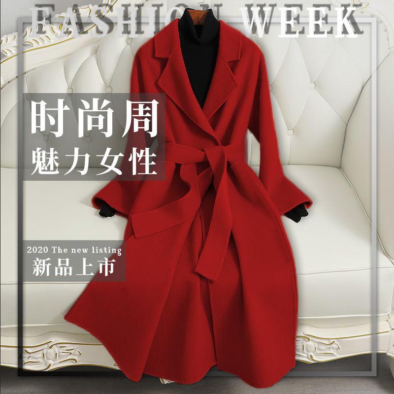 

Double sided cashmere coat women's middle and long 2020 new slim lace up high end woolen coat, Beige