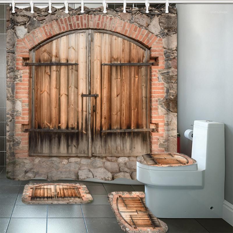 

3D Castle Wooden Door Bath Set 4 In 1 Waterproof Fabric Shower Curtain Bathroom Curtains Non Slip Toilet Cover Rugs Mat1
