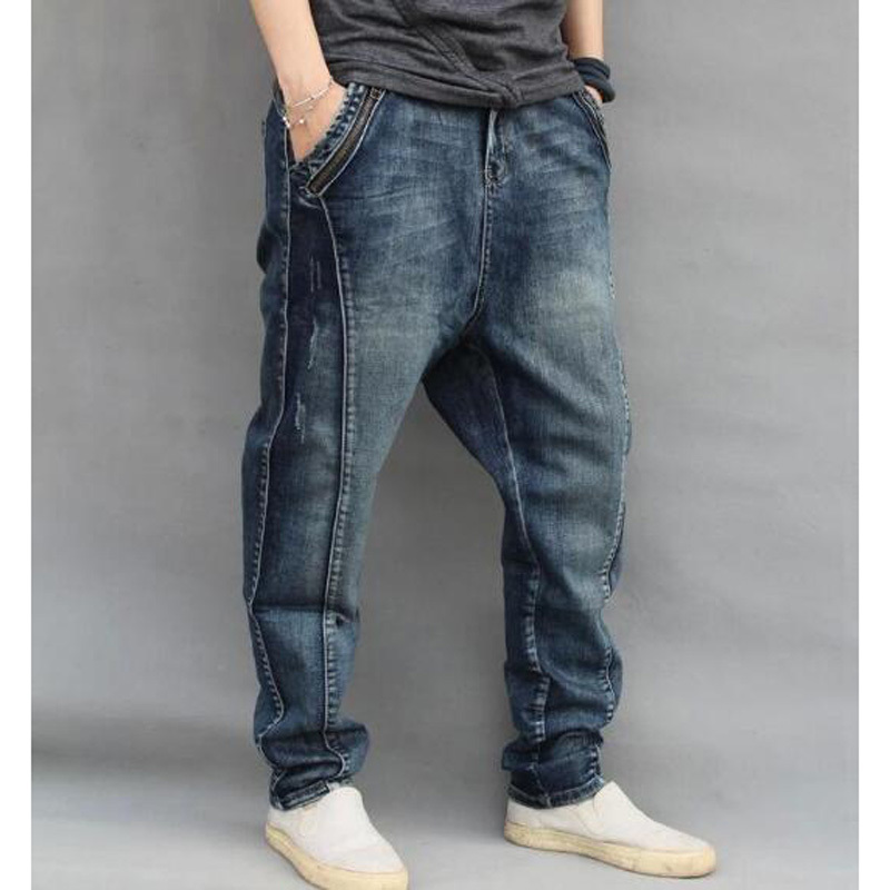 

2021 New Hiphop Lower Crotch Denim Hip Hop Jeans Loose Men's Stretch Pants Tou5, Blue