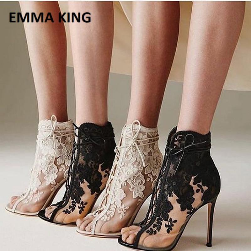 

Black Trendy Peep Toe Stiletto Heel Lace-up Ankle Boots Front Cross Lace Wedding Shoes Pumps Party Toe Sandals Bridal Shoes, Beige