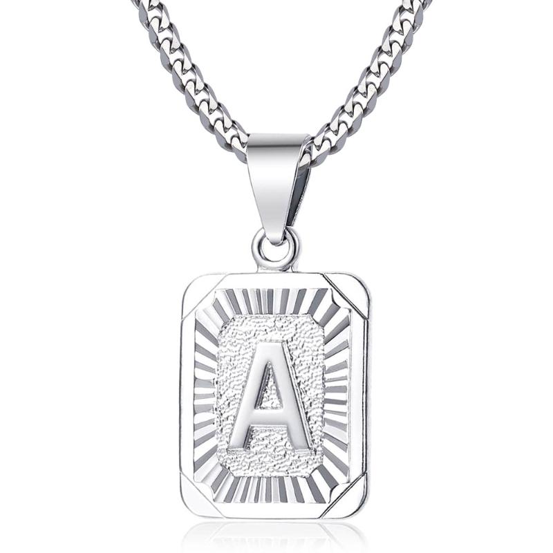 

Silver Color Initial Letter Square Pendant Necklace For Women Men 3mm Stainless Steel Cuban Link Chain Necklace Wholesale LGP118
