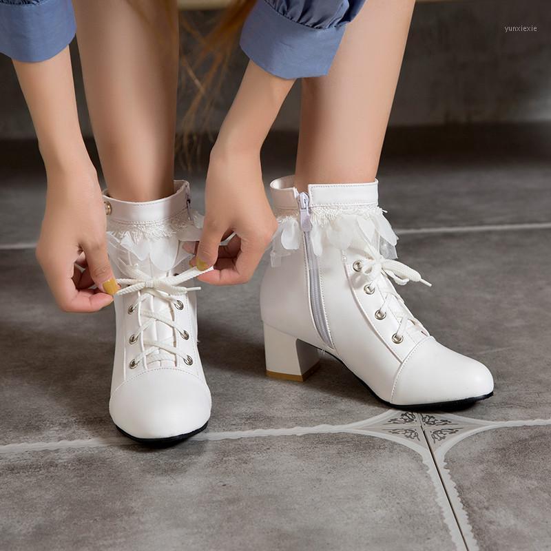

YQBTDL Sweet Hoof High Heels White Black Ruffles Tassel Cross Strap Winter Boots Party Shoes Biker Riding Booties Ankle Boots 421