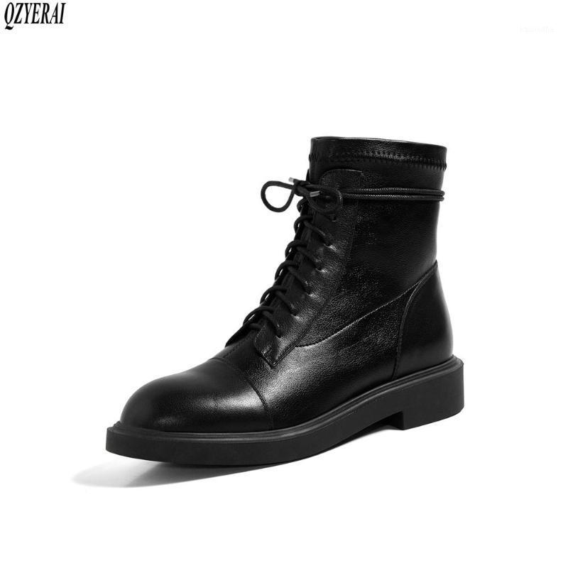 

QZYERAI New design Genuine leather Women's boots boots British style lace-up cowhide Female Autumn and winter shoes1, Black