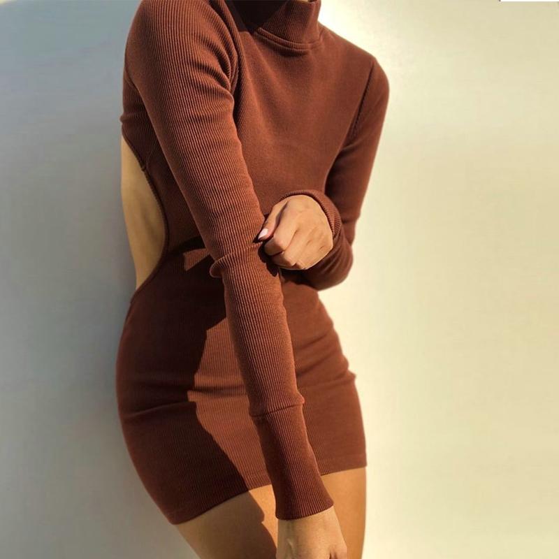 

New Sexy Women Brown Pencil Dress Long Sleeve Backless Mid Waist Slim Hollow Out Design Knitted Pullovers High Collar Mini Dress