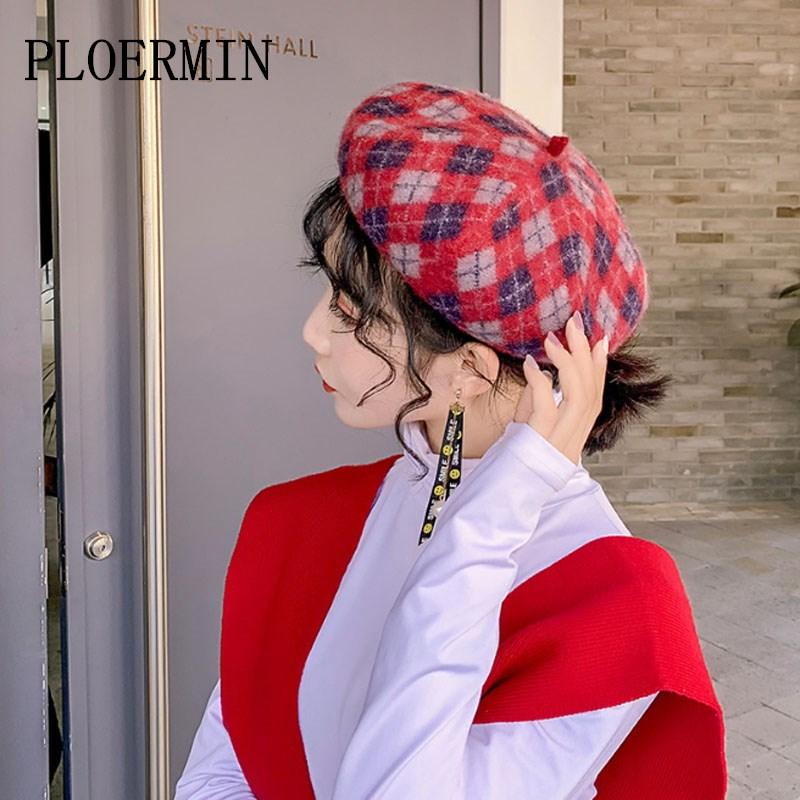 

Ladies Wool Plaid Beret Hats For Women Winter Hat 2020 New Fashion Autumn Warm Octagonal Cap Retro Female Painter Hat, Red