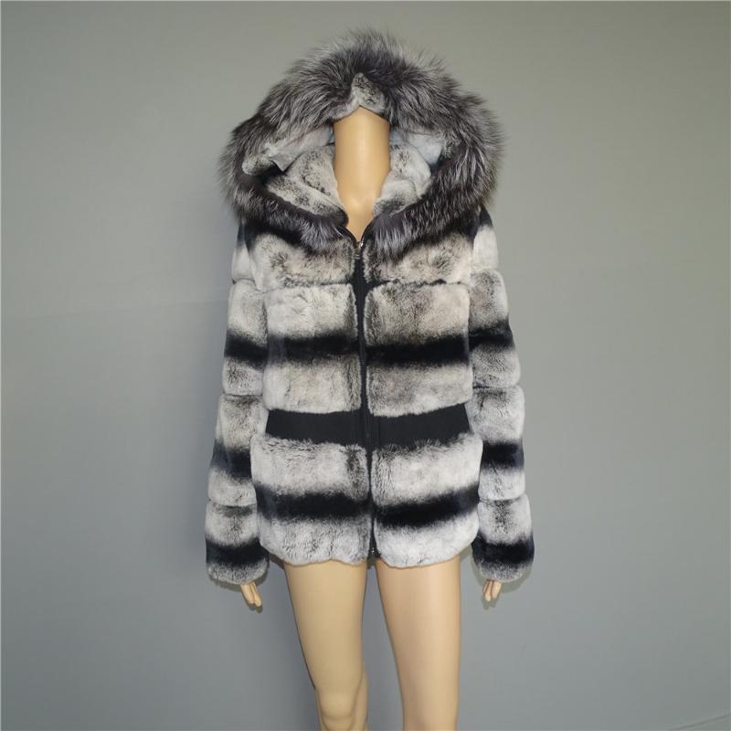 

New Grey Chinchilla Fur Coats for Women Rex Fur Jacket Outwear Hoodie Outwear Stripes Waistline Jackets Trim, Black