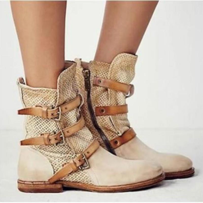 

2020 Mid-Calf Boots Chunky Low Heels Round Toe Shoes Woman Chaussure Zapatos Mujer Gladiator Vintage PU Zipper Leather Booties, Beige