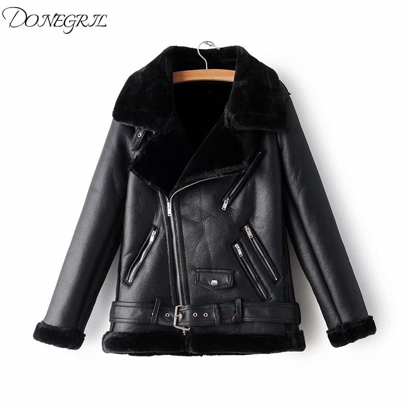 

Winter Fashion Motorcycle Women Black Fleece Jacket Rivet Zippers Pockets Casual Female Lapel Collar Biker Jacket Coats
