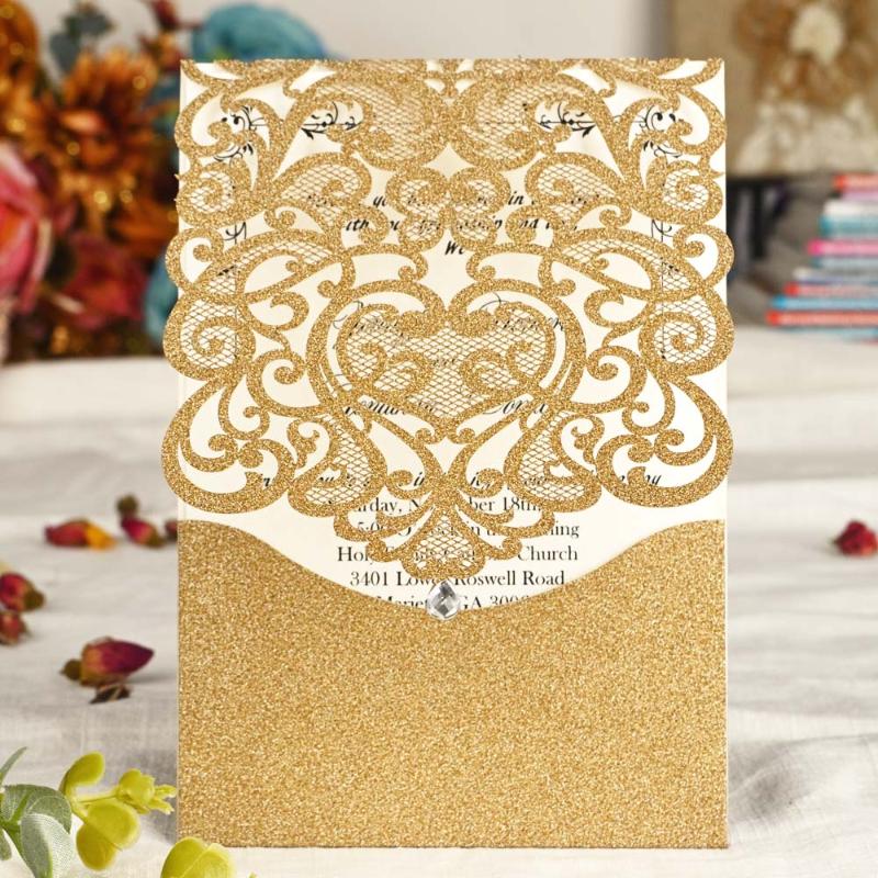 

Wishmade 50x Laser Cut Gold Glitter Wedding Invitations Cards with Rhinestone for Bridal Shower Engagement Customized Printed