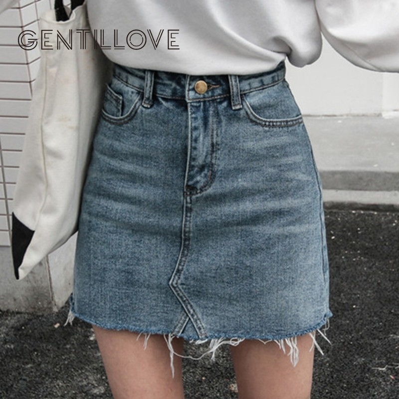 

Gentillove Casual High Waist Pencil Denim Skirts Women Summer Black Blue Solid Pockets Button All-matched Jeans Skirt Y200326, Light blue