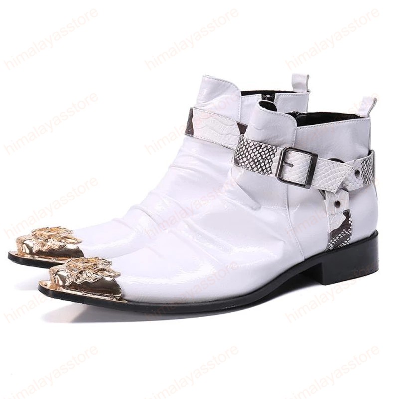 

Plus Size White Pointed Toe Pleated Man Handmade Motorcycle Shoes Patent Leather Men's Cowboy Punk Riding Ankle Boots, As picture
