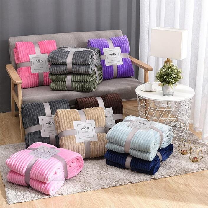

Flannel Blanket Solid Striped Blanket Super Soft Blankets Winter Warm Fluffy Bedspread For Sofa Bedroom Mechanical Wash Blanket Decor ZYY52