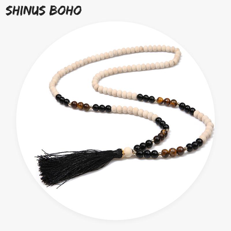 

SHINUSBOHO Classic Necklaces for Women Men Wooden Beads & Semi-precious Stone Tassel Necklace Maxi Reiki Yoga Meditation Jewelry