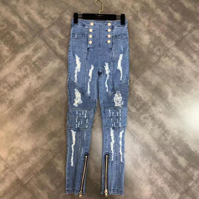 

2020 Spring New Button Destroyed Jeans High Waist Personality Hole Zipper Pants Distressed Jeans, Blue
