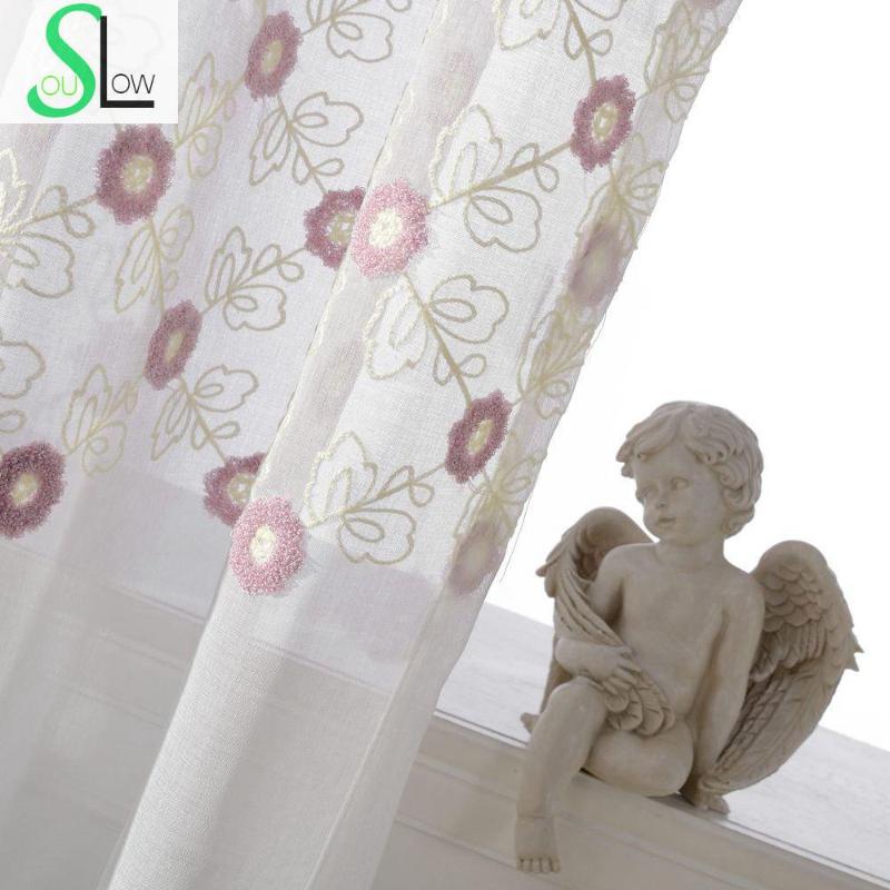 

Color Towel Embroidery Thread Curtain Pink White Embroidered Floral Pastoral Curtains Cortinas For Living Room Kitchen Bedroom, Tulle