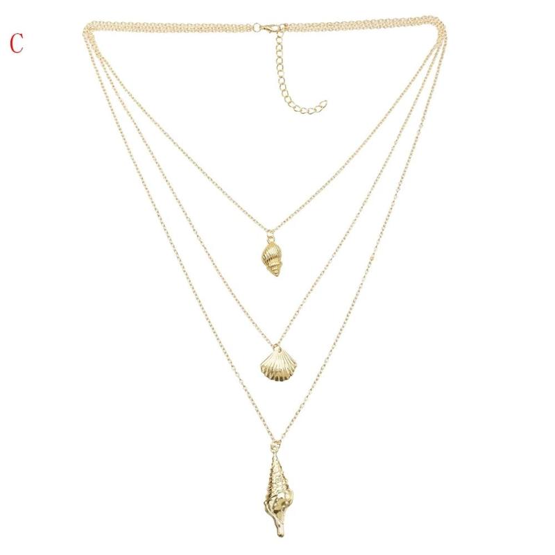 

European 3 Styles Simple Gold Conch Starfish Statement Necklace Multilayer Chain Fashion Charms Female Girls Necklace