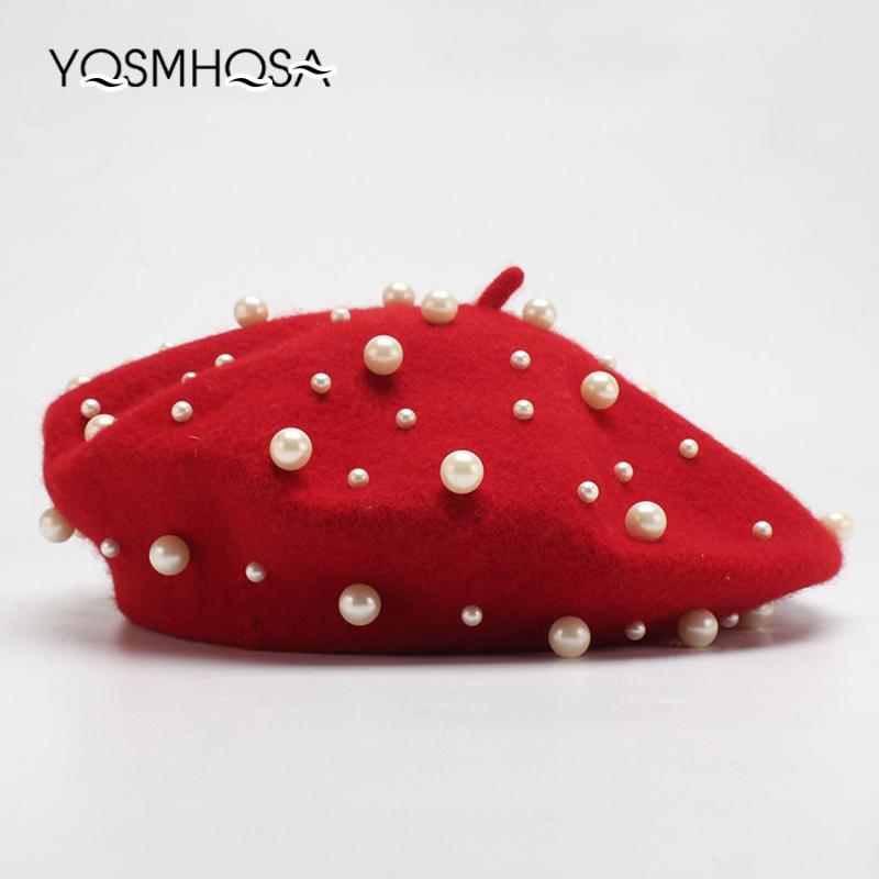 

New Fashion Women Red Wool Beret Winter Pearl Beret Hats French Hat Femme Baret Cap Girl Berets Ladies Autumn WH695, White