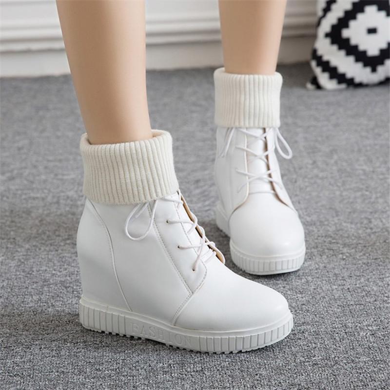 

PXELENA Hot Casual Comfort Platform Hidden High Heels Ankle Boots Women Shoes Lace Up Knit School Warm Short Boots Black White