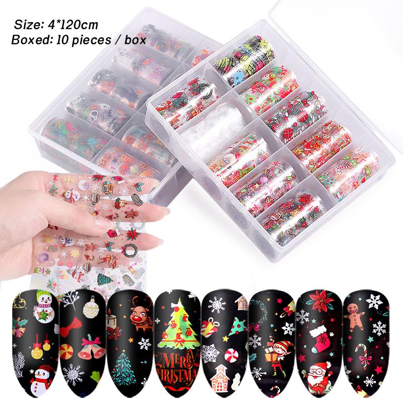 

10 pcs/box Christmas Halloween Design Nail Art Transfer Foil Sticker Mixed Styles Festival Nail Decorations Manicure Accessories, Ca-5