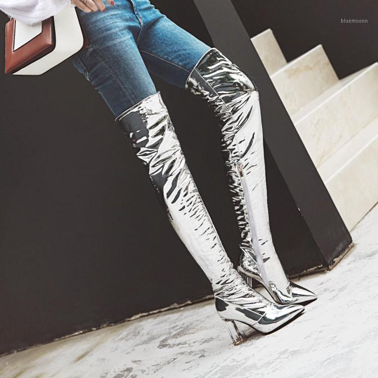 

Silver Leather Woman Transparent Heels Winter Knight Boots Woman Sexy Rough Heels Pointed Toe Thigh Boots Over The Knee1, Black