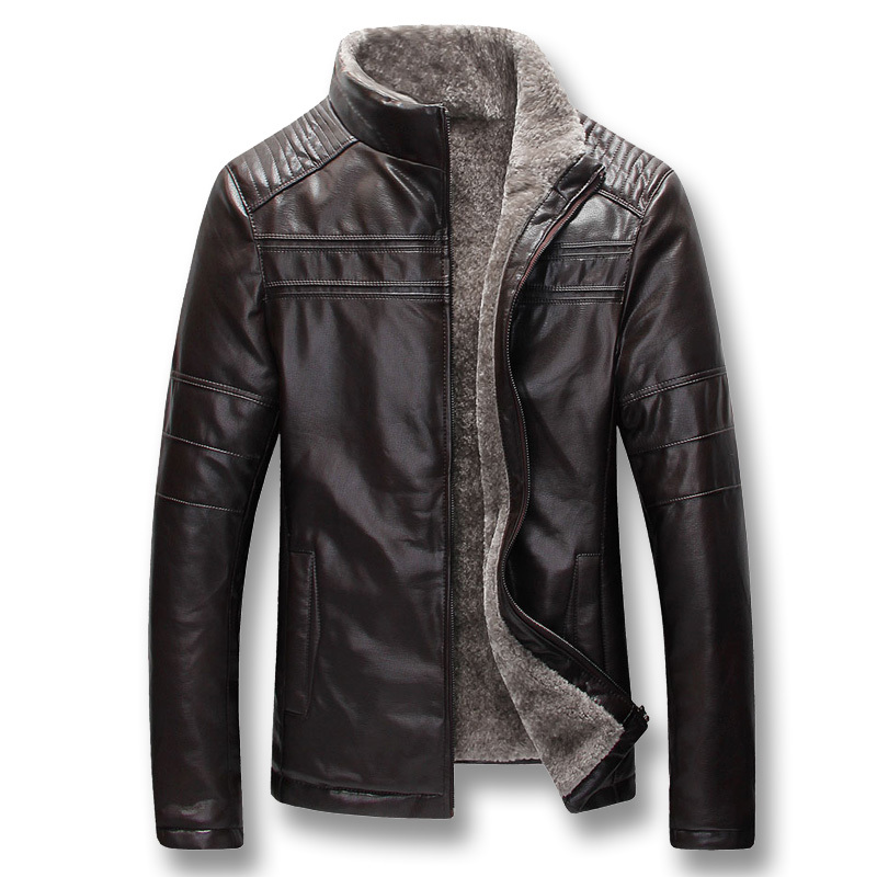 

2021 New Winter Men of Bluff Wool Pu Leather Male Casual Mode Slim Fit Size Zip Jackets A9I0, Brown