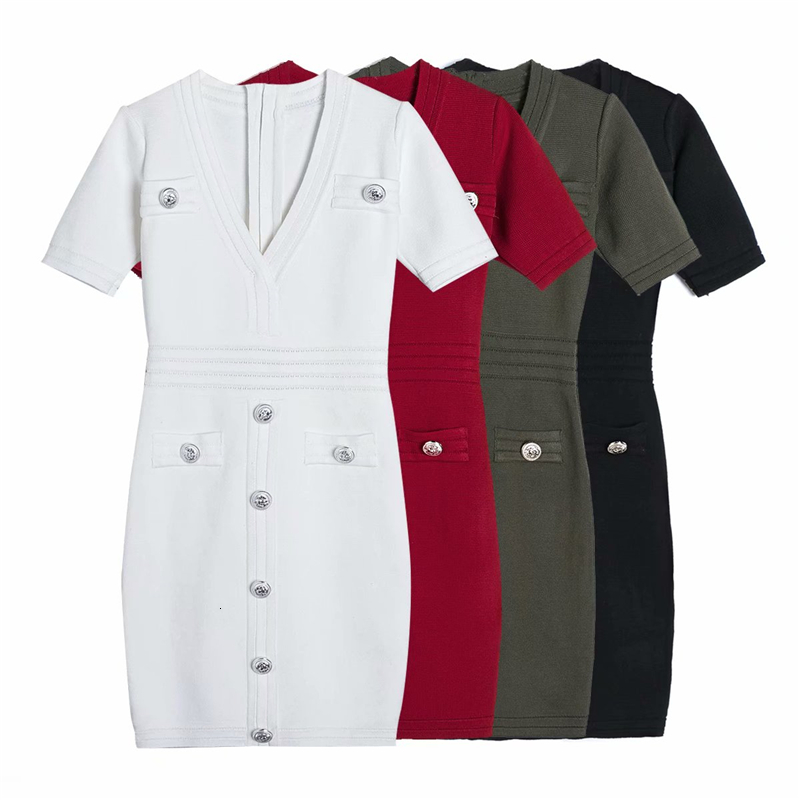 

2021 New Elegant Women Solid Slim V-neck Es Fashion Ladies Knitted Vestidos Sweet Female Chic Zipper Button Mini Fegd, Red