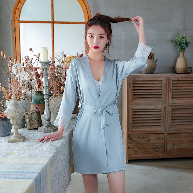 

Blue Sexy V-Neck Nightgown Set Women Sweet Lace Trim Sleepwear Spring Autumn New Kimono Robe Gown Suit With Belt Rayon Bathrobe