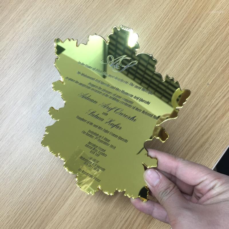 

50pcs luxurious unique wedding favor decoration laser cut mirror gold wedding invitation card bride groom favor cards1