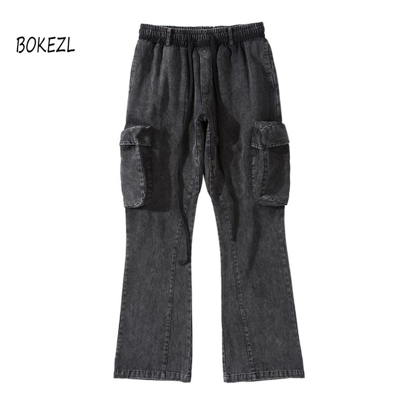 

Men's Jeans Harajuku Side Pockets Streetwear Flare Pants Mens Drawstring Straight Washed Baggy Cargo Hip Hop Loose Casual Trousers, Army green