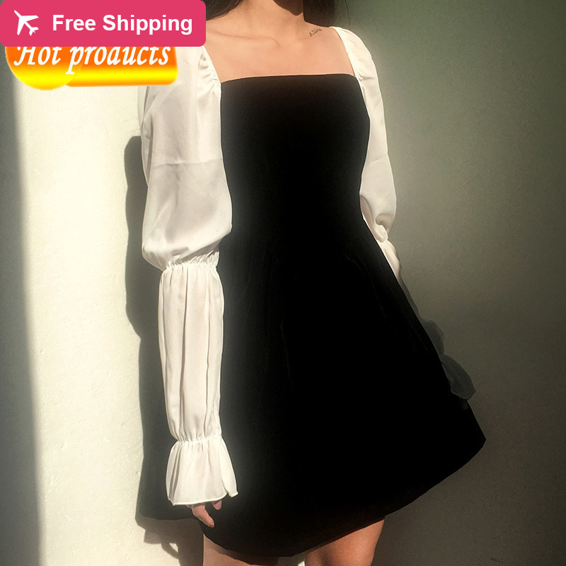 

2021 New Vintage Ribbon Korean Fashionable Women' Long Square Collar the Line Dressed in Short Black White Dress Gothic High Waist RB2F, The picture