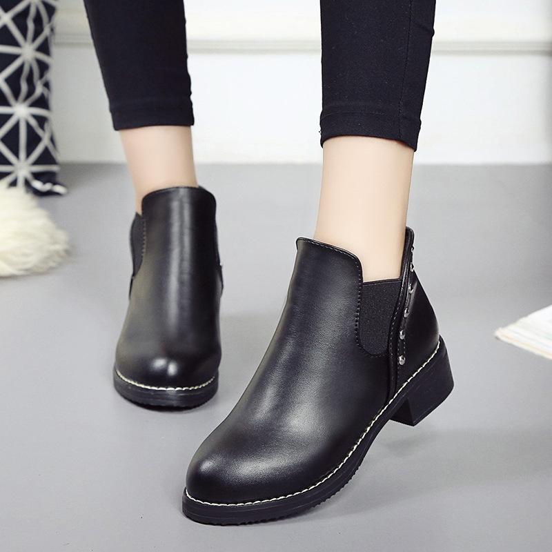 

Boots 2021 Female Leather Women Boots Thick Heels Ankle for Women Round Toe Winter Shoes Flat Platform, Black