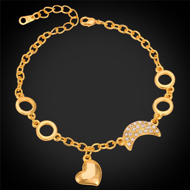 

Cute Moon and Heart Charm Bracelet Gold Color Vintage Fashion Jewelry Gold Color Bracelets For Women Gift H5176