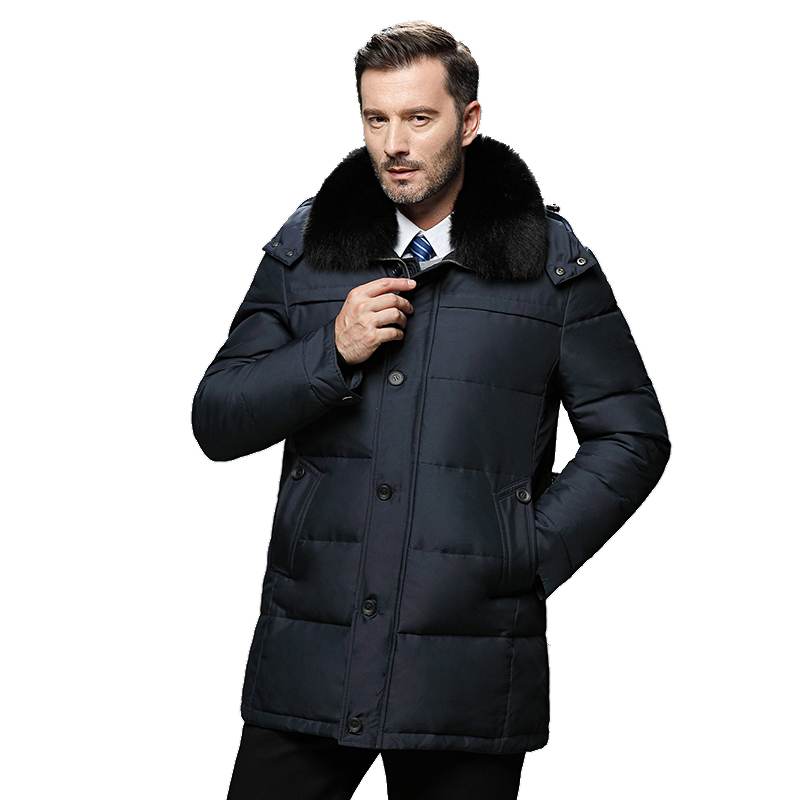 

2021 New Men's Winter Coat Real Fur Collar with Thick Jackets Warm White Duck Down Detachable Male Windproof Hood Parka Big Size Lvvd, Black