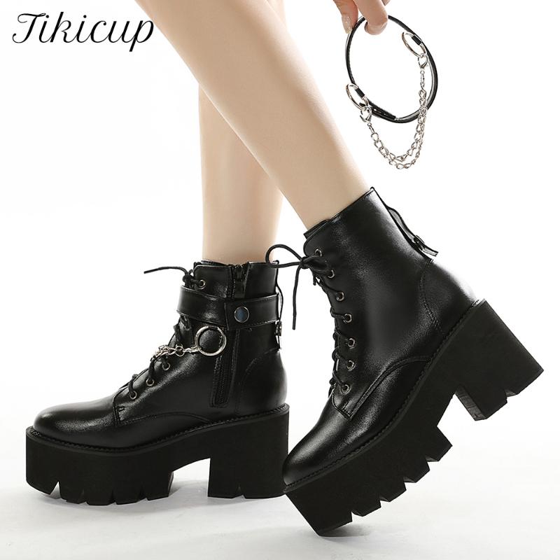 

Tikicup All Black Women Chunky Platform Boots Wild Alternative High Heels Lace Up Short Booties Gothic Cosplay Shoes With Chains
