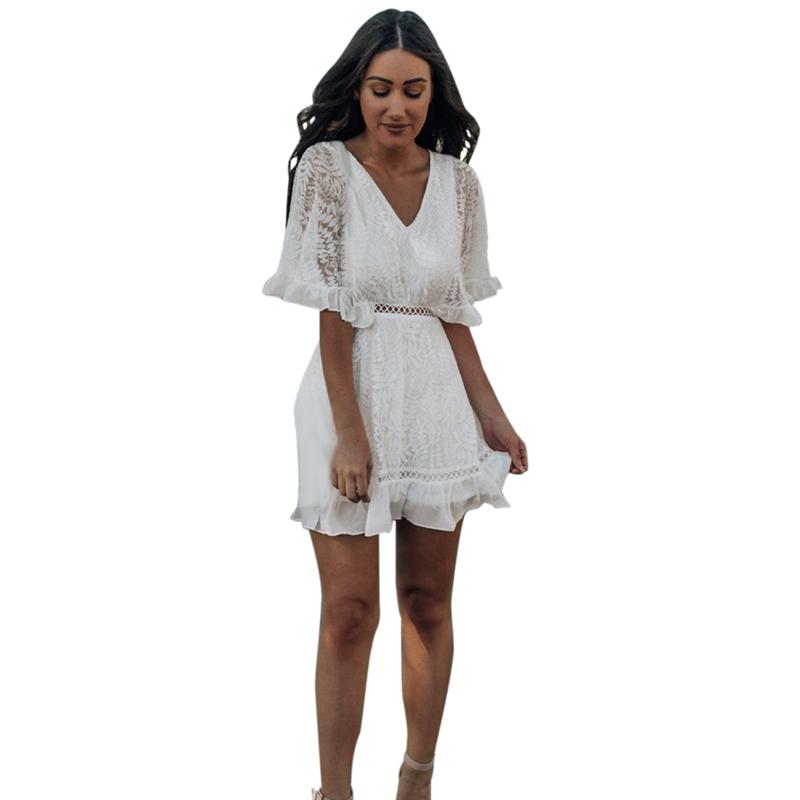 

Fashion Women Lace A-Line Short Dress Long Sleeve A-Line Party Dress Elegant, White