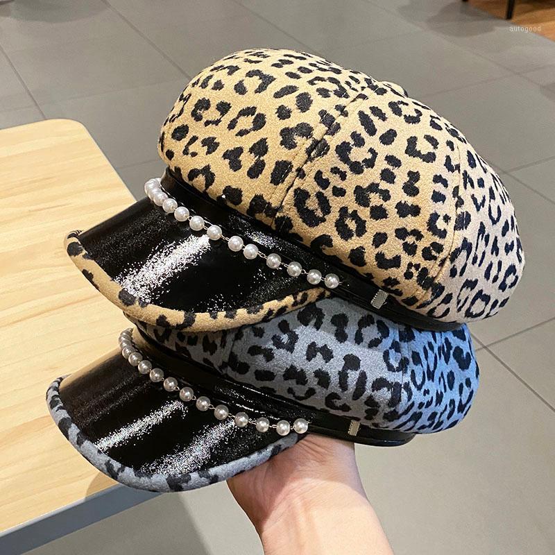 

Stingy Brim Hats Autumn Winter For Women Leopard Pearls Octagonal Hat Ladies Casual Wool Beret Female Painter Sboy Cap1, Khaki