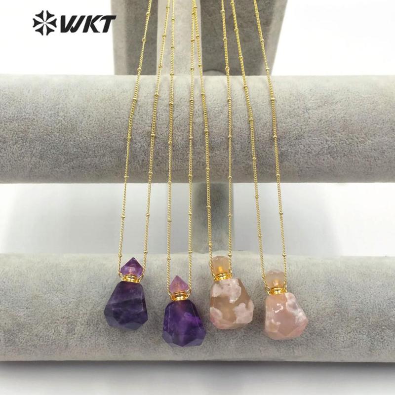 

WT-N1173 New! Perfume Bottle Necklace Natural Stone Necklace With Gold Electroplated Chain Hot Sale Woman