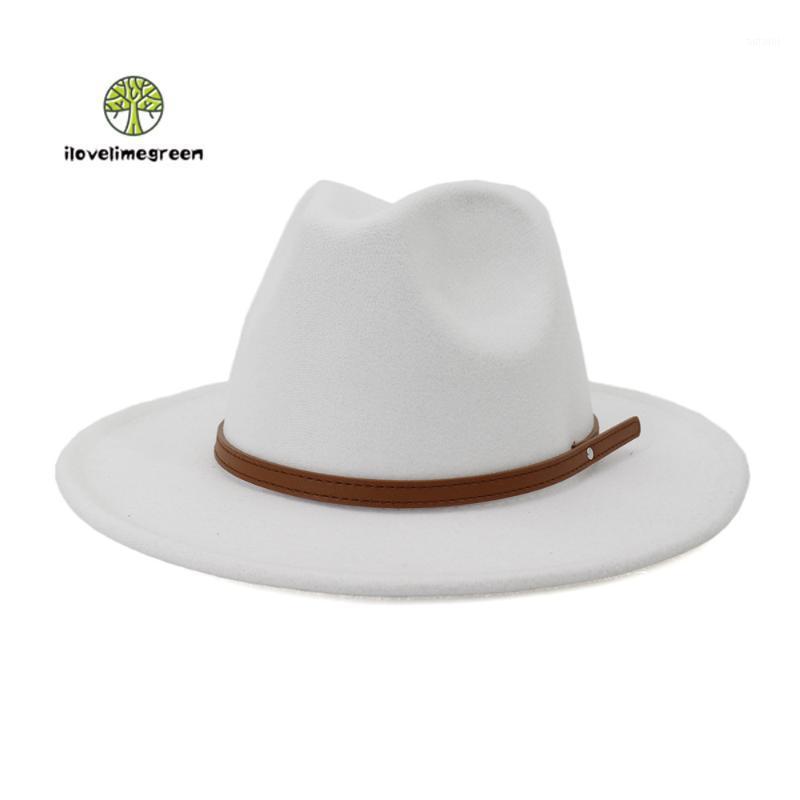 

European American New Woolen Felt Jazz Panama Fedora Hat Fall Women Men Wide Brim with Leather Belt Green White Hat L XL1