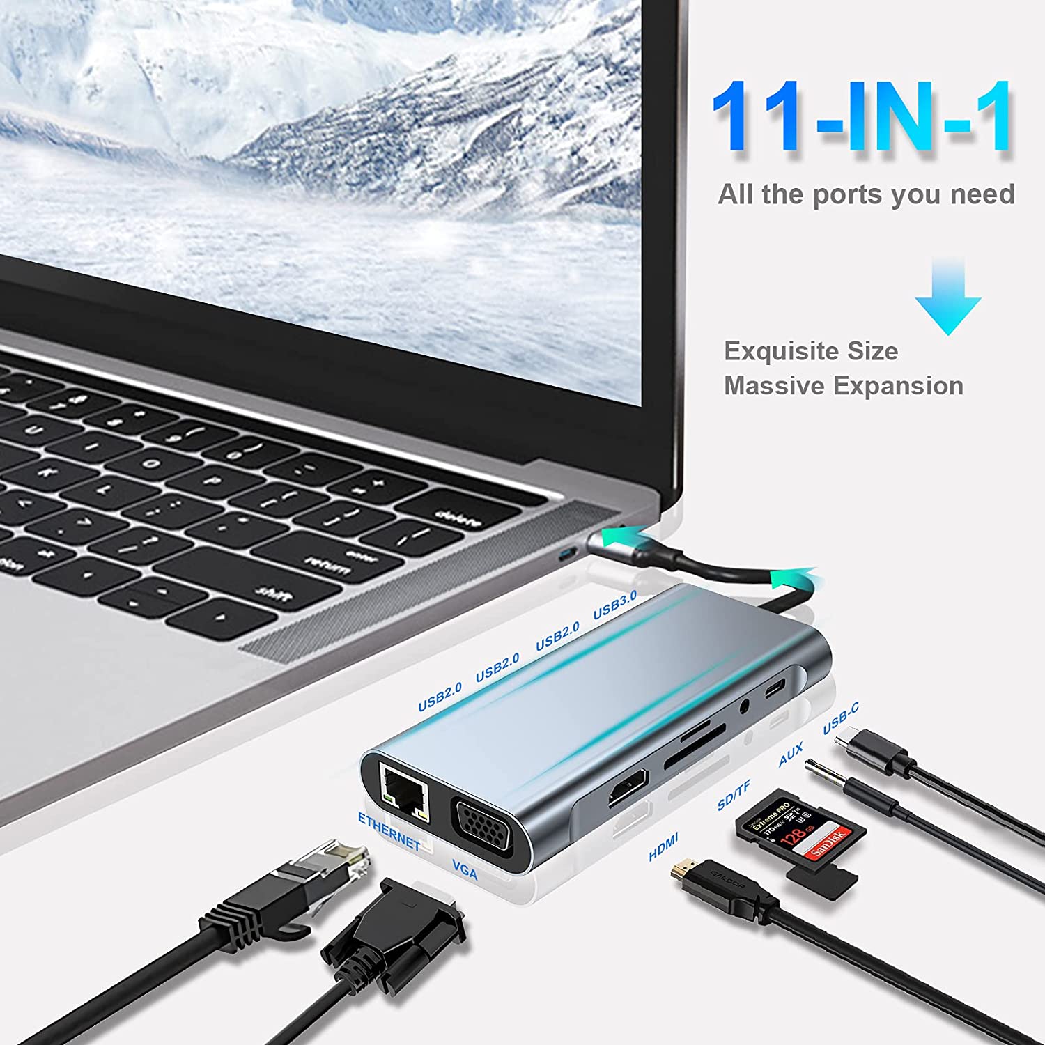 

11 In 1 USB HUB Docking Station Adapter with 4K HDMI, VGA, Type C PD, Ethernet RJ45 Port, SD/TF Cards, 3.5 mm AUX, Compatible MacBook Pro/Air